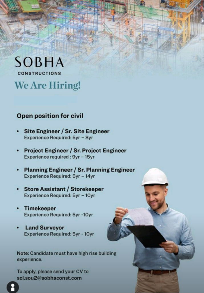 Sobha Constructions LLC  Job vacancy update 2024