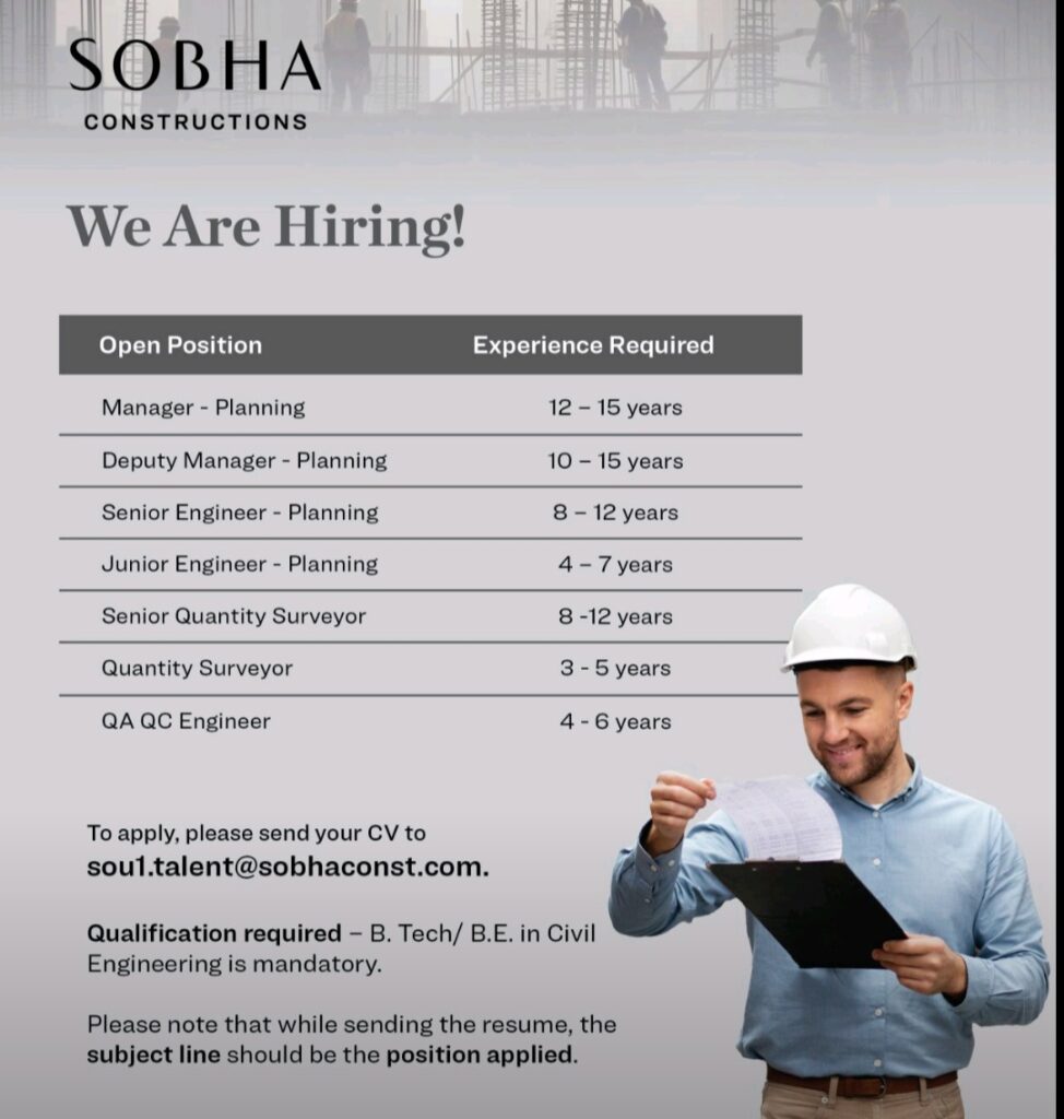 Sobha Constructions LLC Job Vacancy Update 2024: Apply Now!